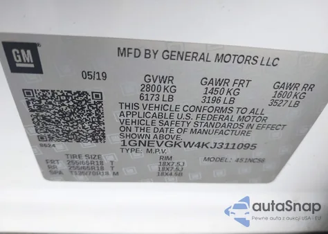 2019 Chevrolet Traverse 1Lt z USA, uszkodzony, nr VIN 1GNEVGKW4KJ311095